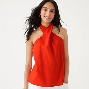 NWT J. Crew cotton poplin halter top w bow ties back neck Vermillion red medium